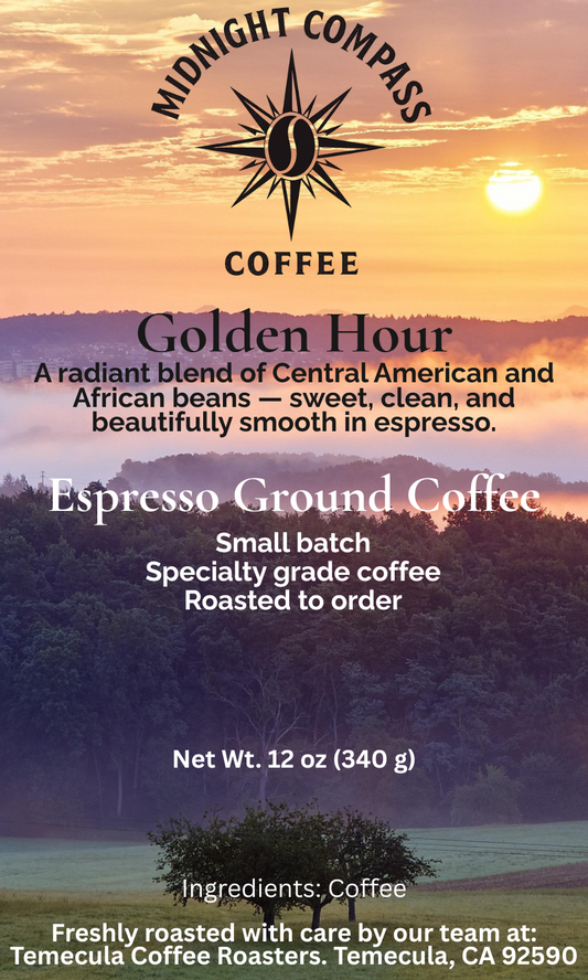 Midnight Compass Coffee: Golden Hour - A radiant blend of Central American and African beans - sweet, clean, and beautifully smooth in espresso.