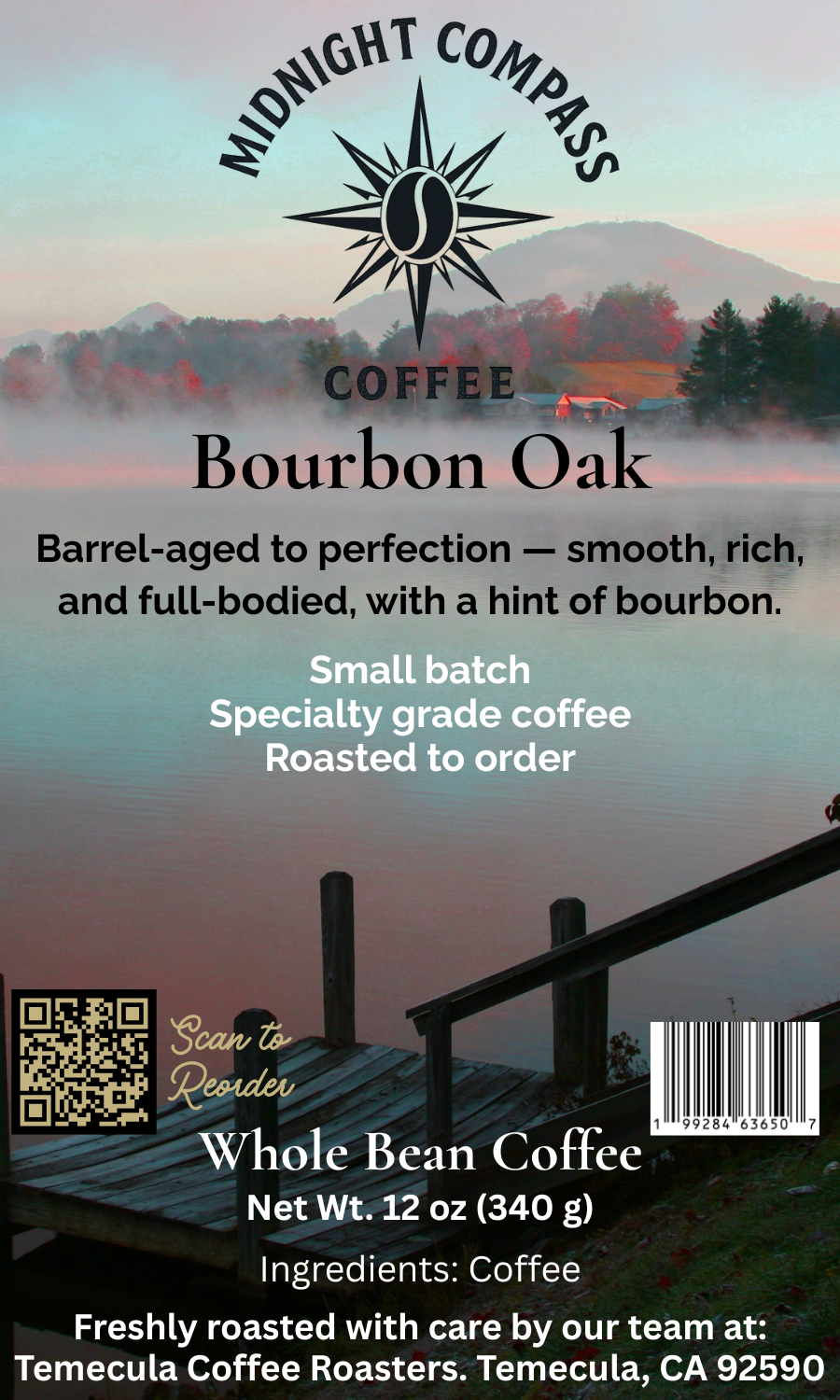 Midnight Compass Coffee: Bourbon Oak - Barrel-aged to perfection - smooth, rich, and full-bodied, with a hint of bourbon.