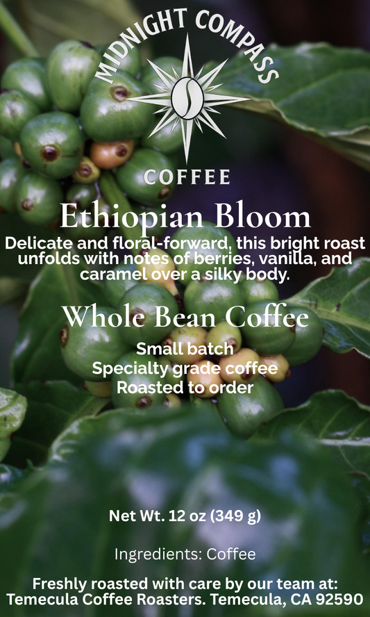 Ethiopian Bloom - Delicate and floral-forward, this bright roast unfolds with notes of berries, vanilla, and caramel over a silky body.