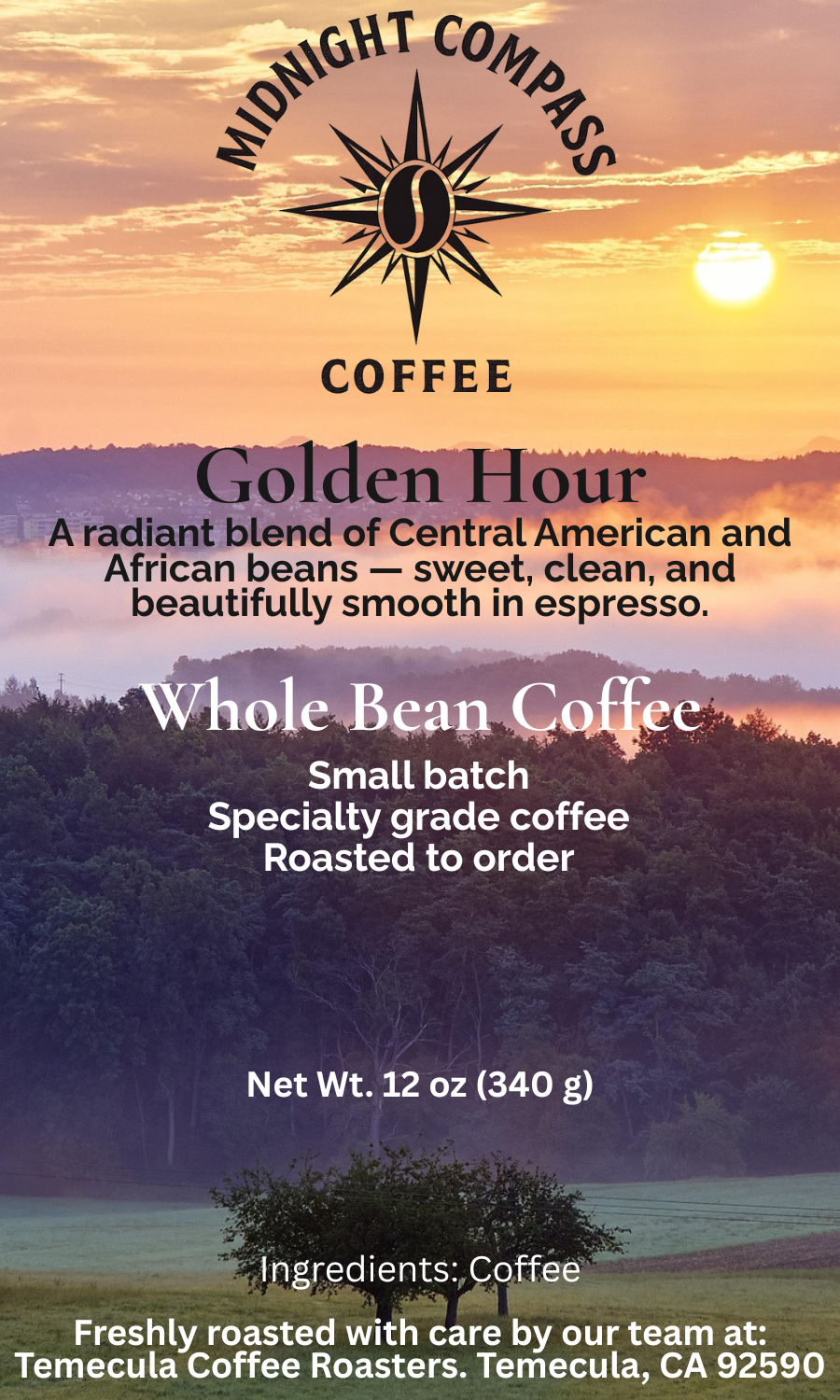 Midnight Compass Coffee: Golden Hour - A radiant blend of Central American and African beans - sweet, clean, and beautifully smooth in espresso.