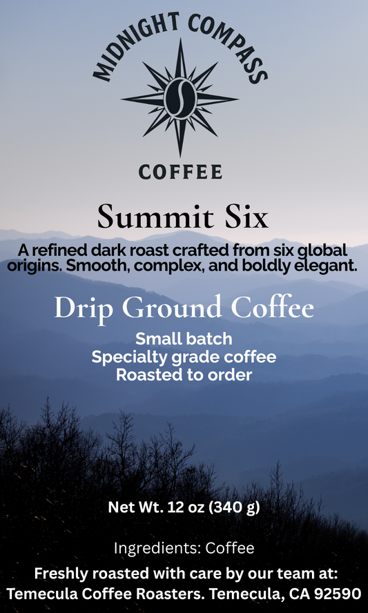 Summit Six - A refined dark roast crafted from six global origins. Smooth, complex, and boldly elegant.