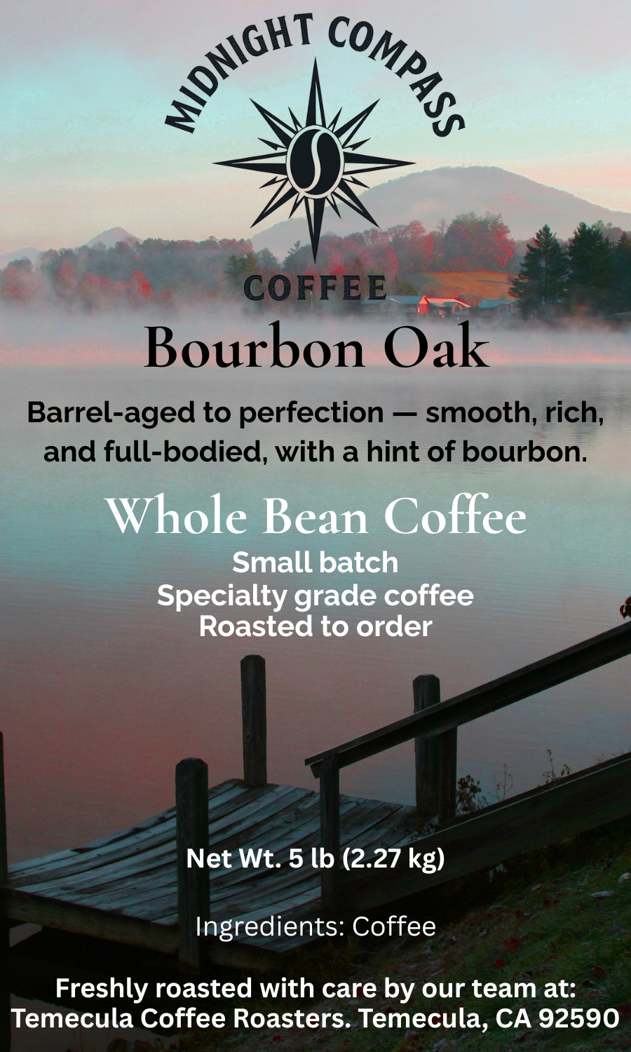 Midnight Compass Coffee: Bourbon Oak - Barrel-aged to perfection - smooth, rich, and full-bodied, with a hint of bourbon.