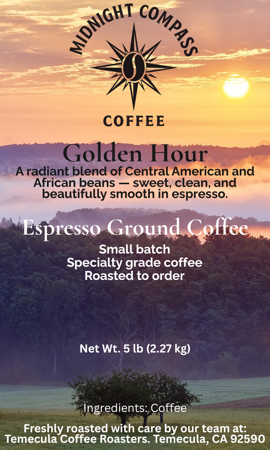 Midnight Compass Coffee: Golden Hour - A radiant blend of Central American and African beans - sweet, clean, and beautifully smooth in espresso.