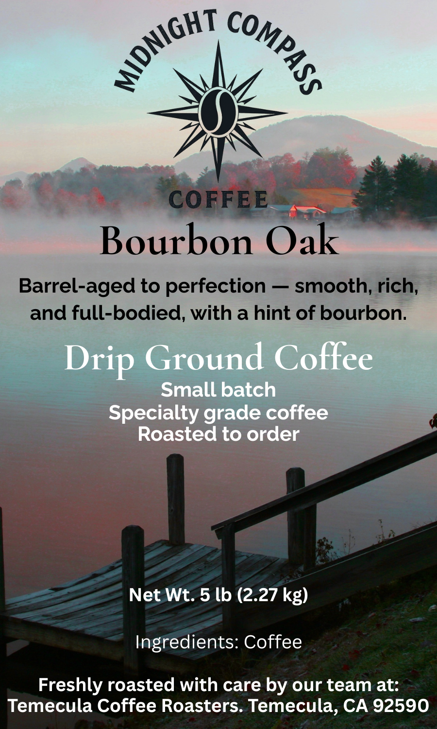 Midnight Compass Coffee: Bourbon Oak - Barrel-aged to perfection - smooth, rich, and full-bodied, with a hint of bourbon.
