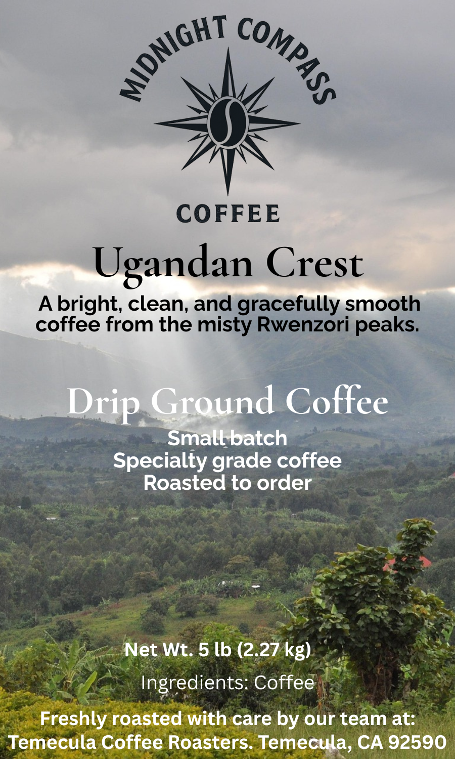Midnight Compass Coffee: Ugandan Crest - A bright, clean, and gracefully smooth medium roast coffee from the misty Rwenzori peaks.